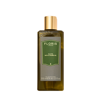Floris London's Elite Bath & Shower Gel, 250ml, in a green and gold bottle, enriched with olive oil and woody green notes.