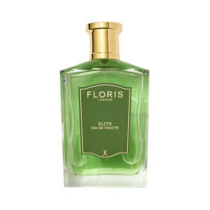 Floris London's Elite Eau de Toilette features a gold cap, green liquid, and rich woody notes for a distinguished fragrance experience.