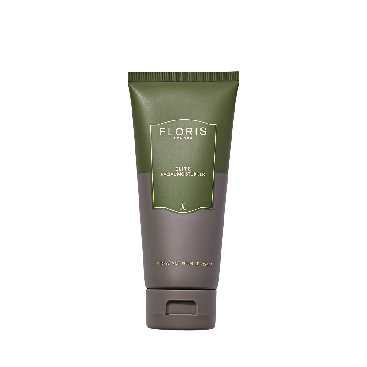 A green tube of Floris London UK Elite Facial Moisturiser stands upright against a white background, delivering hydration and antioxidant protection.