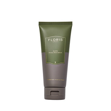 A green tube of Floris London UK Elite Facial Moisturiser stands upright against a white background, delivering hydration and antioxidant protection.