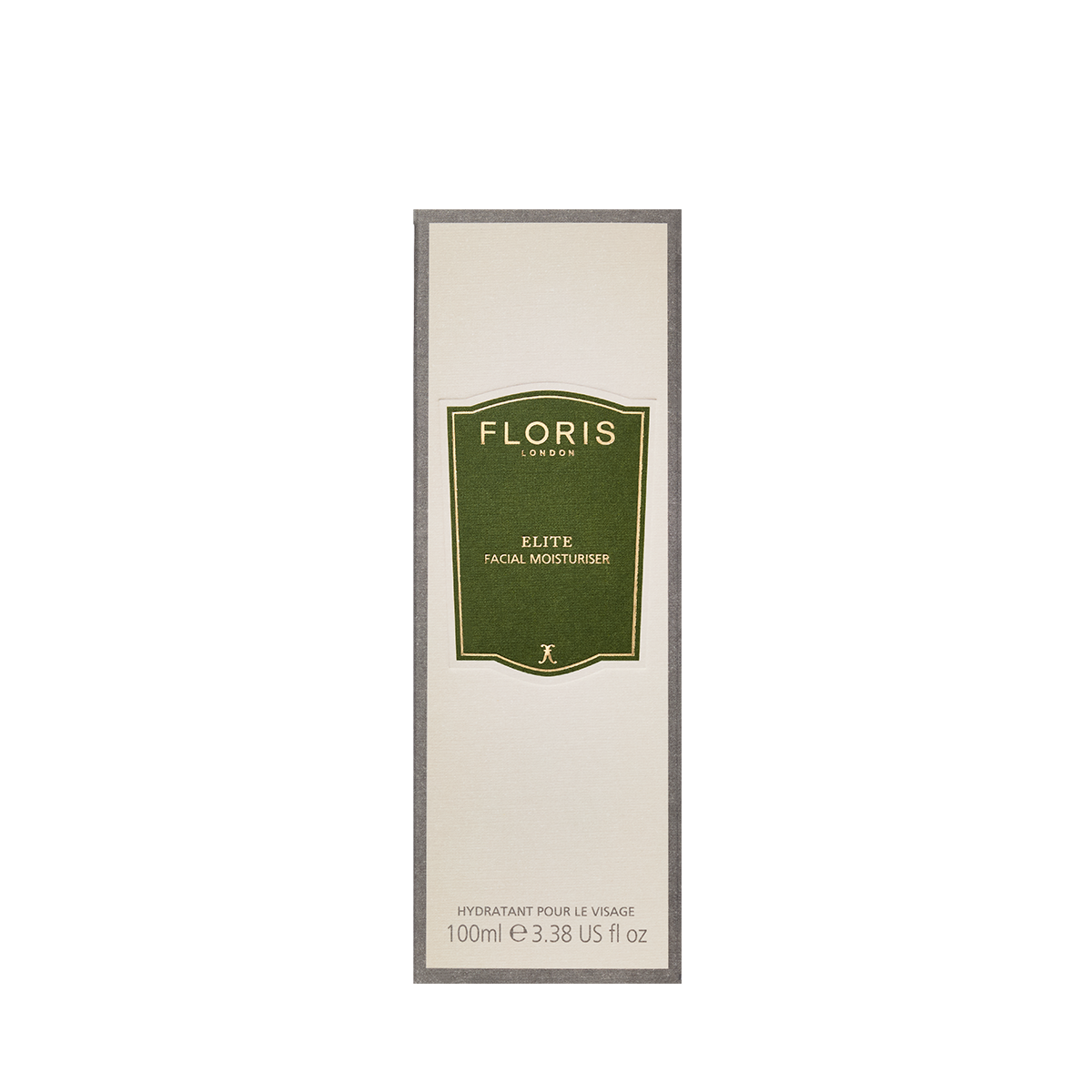 Floris London UK's Elite Facial Moisturiser, 100ml, in a beige box with green-gold label, hydrates skin and provides antioxidant protection.