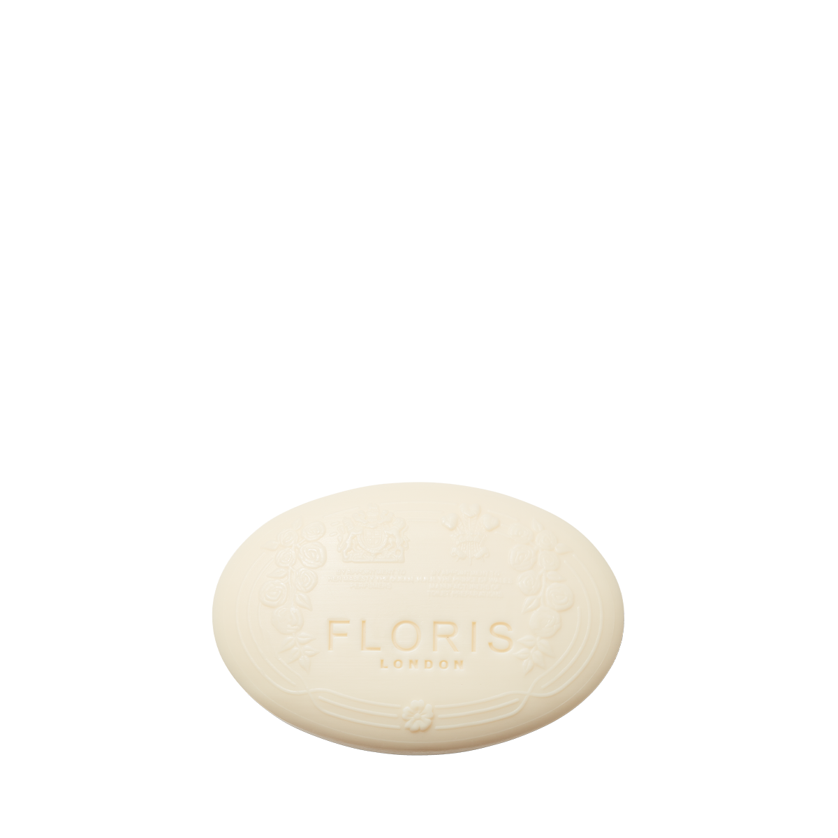 Oval-shaped white Elite - Luxury Soap by Floris London with embossed floral design, displayed on a plain white background.