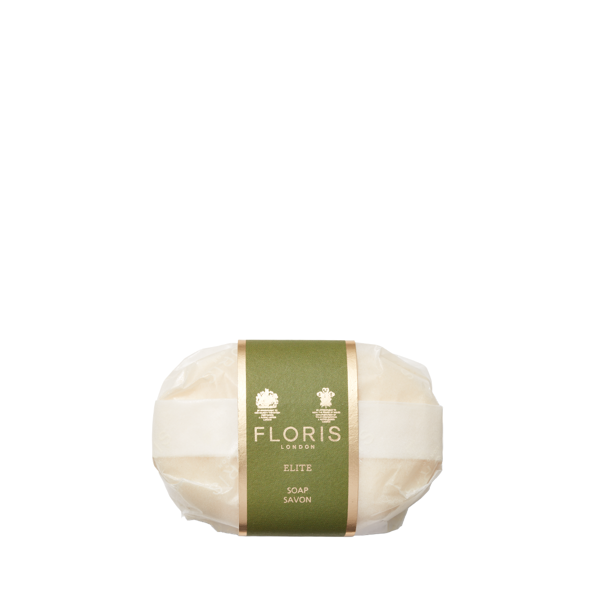 A wrapped bar of Floris London Elite - Luxury Soap with a green and gold label, displayed on a white background.