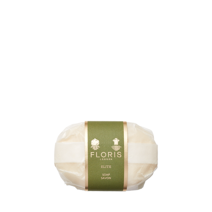 A wrapped bar of Floris London Elite - Luxury Soap with a green and gold label, displayed on a white background.