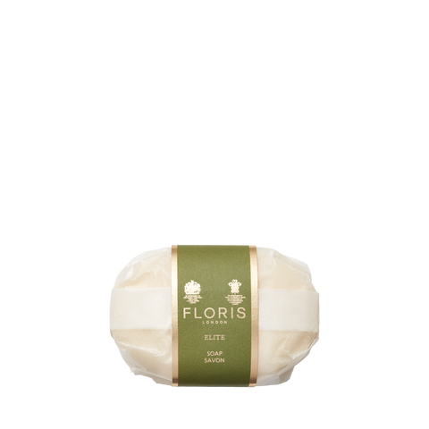 A wrapped bar of Floris London Elite - Luxury Soap with a green and gold label, displayed on a white background.