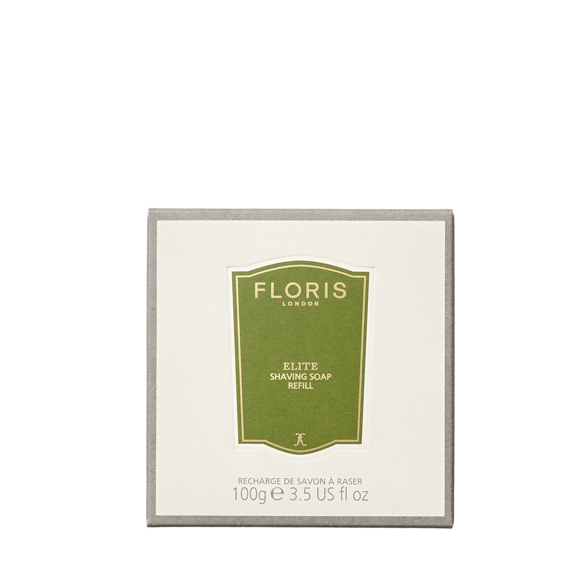 Square box of Floris London Elite - Shaving Soap Refill, 100g, featuring a green and white front label.