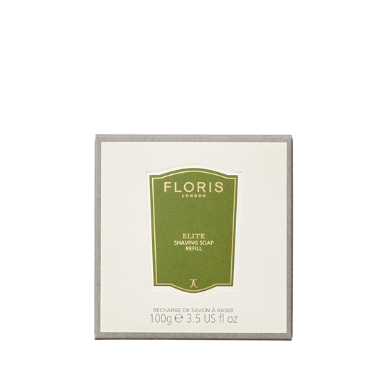 Square box of Floris London Elite - Shaving Soap Refill, 100g, featuring a green and white front label.