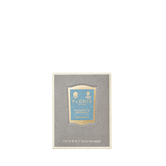 Box of Floris London's Hyacinth & Bluebell Scented Candle 175g, with a cool green floral aroma on a white background.