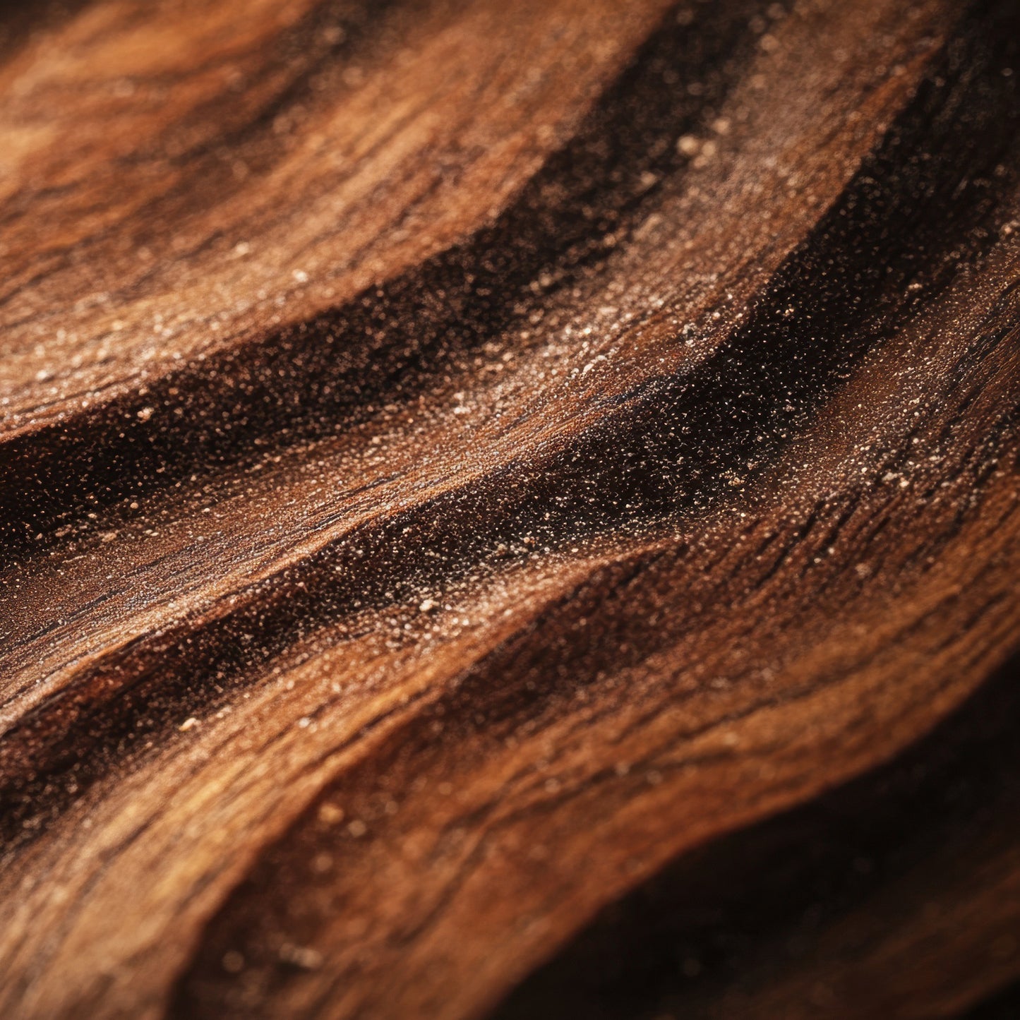 A close-up of wavy wood grain and fine sawdust evokes the warm, signature scent of Santal Eau de Toilette by Floris London.