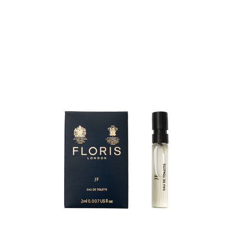 The Floris London JF Eau de Toilette set has a vegan 2ml bottle with citrus and woody notes in a navy box with gold detailing.