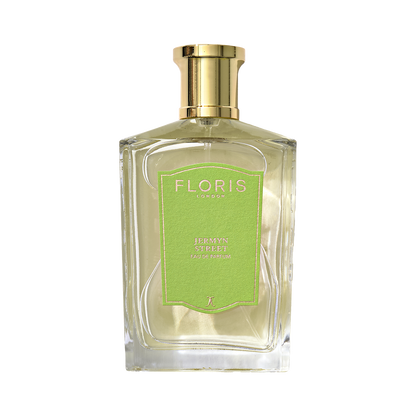 Floris London Jermyn Street Eau de Parfum comes in a clear glass bottle with a green label, gold cap, and a hint of gin fragrance.