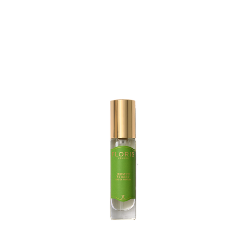 Green Jermyn Street Eau de Parfum bottle with a gold cap, emanating the essence of Floris London Limes.