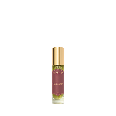 Floris London's Leather Oud Eau de Parfum bottle, with a gold cap and maroon label, displayed on a clean white background.