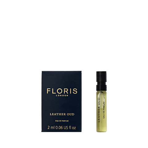 Floris London's Leather Oud - Eau de Parfum shown with a 2 ml spray bottle.