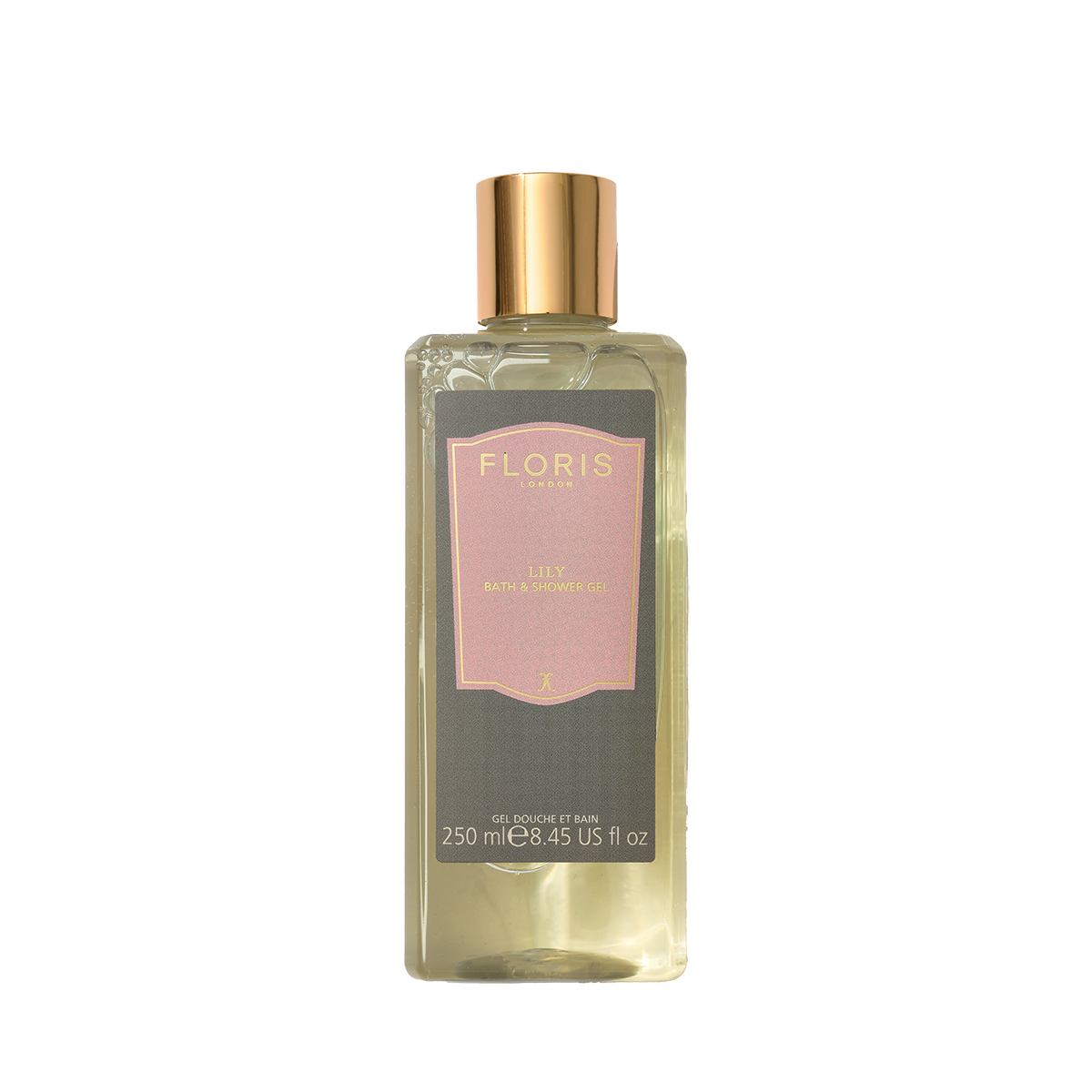 Floris London's Lily Bath & Shower Gel, 250ml, has a gold cap and offers a luxurious floral fragrance with hints of lily of the valley.