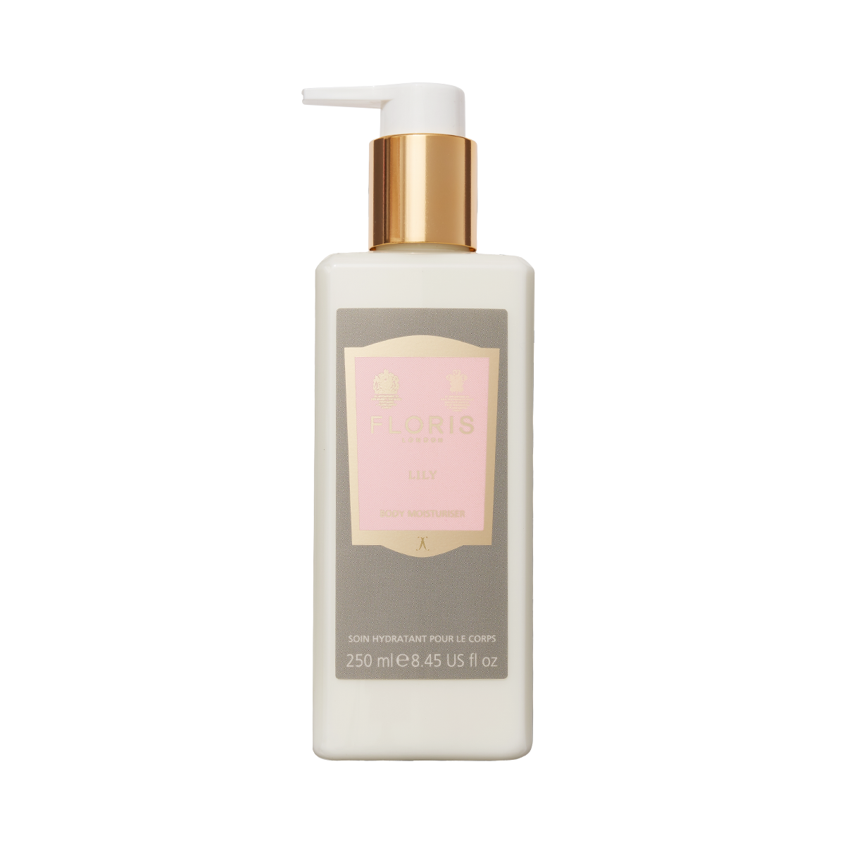 A 250ml bottle of Floris London Lily - Enriched Body Moisturiser with sweet almond oil, gold pump, and pink label.