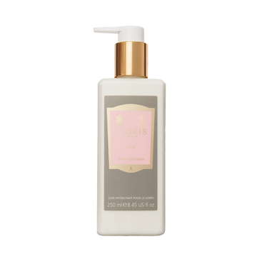 A 250ml bottle of Floris London Lily - Enriched Body Moisturiser with sweet almond oil, gold pump, and pink label.