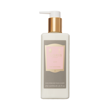 A 250ml bottle of Floris London Lily - Enriched Body Moisturiser with sweet almond oil, gold pump, and pink label.