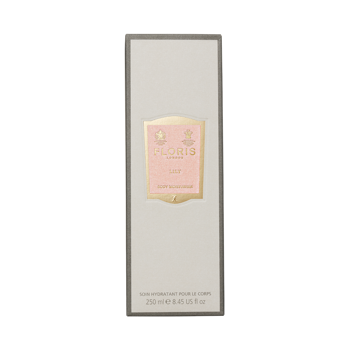 Floris London Lily - Enriched Body Moisturiser, 250ml box with gold and pink label, features sweet almond oil for silky, hydrated skin.