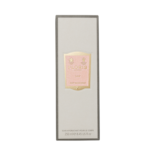 Floris London Lily - Enriched Body Moisturiser, 250ml box with gold and pink label, features sweet almond oil for silky, hydrated skin.
