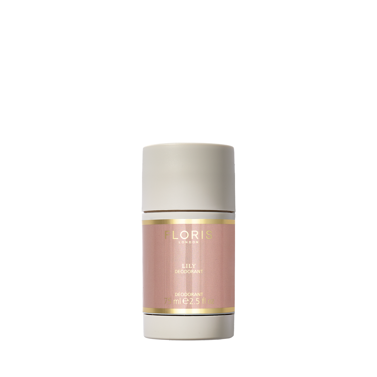A Floris London UK Lily Deodorant Stick with a pink label and beige cap, enriched with Vitamin E for sensitive skin, set against a white background.