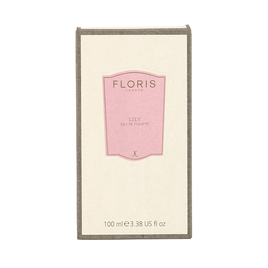 A 100 ml bottle of Floris London Lily - Eau de Toilette, an elegant floral scent with Lily of the Valley and white tea notes, in a pink-labeled box.