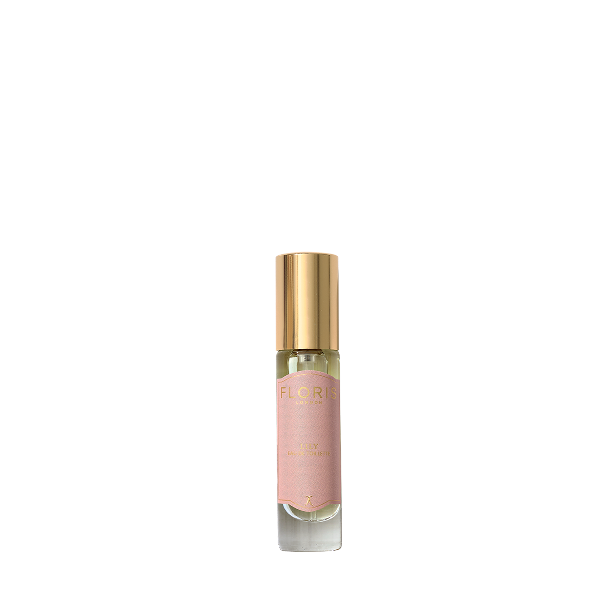 Floris London's Lily Eau de Toilette: a floral fragrance in a gold-capped bottle with a pink label against a white backdrop.