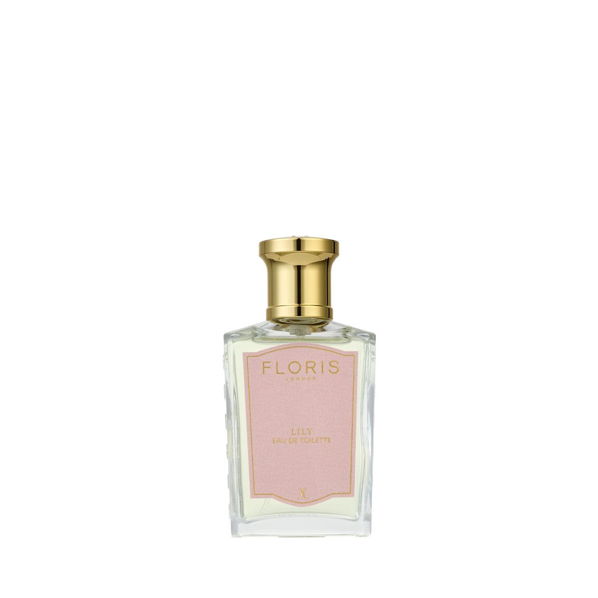 A clear glass Floris London Lily - Eau de Toilette bottle with a gold cap and pink label, evoking Lily of the Valley, on a plain white background.