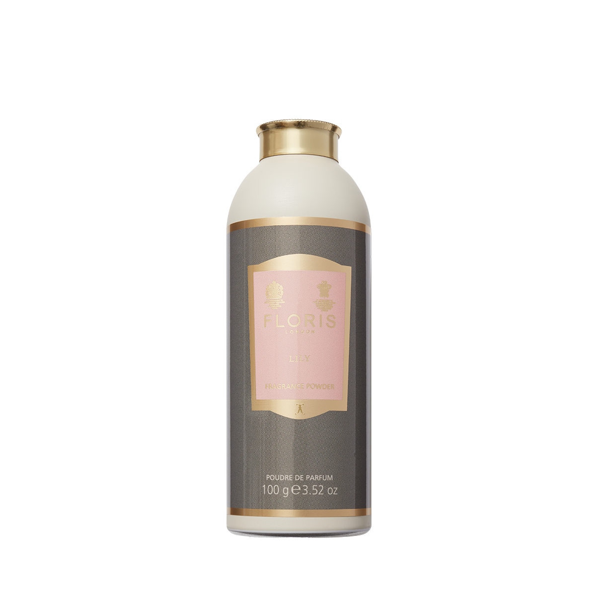 A 100g cylindrical bottle of Floris London's Lily-Fragrance Powder, with a pink label and gold accents, delivers a lily-floral aroma.