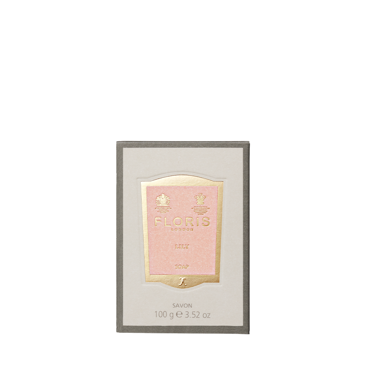 Floris London Lily - Luxury Soap, 100g bar with shea butter, in a rectangular box featuring a pink and gold label.