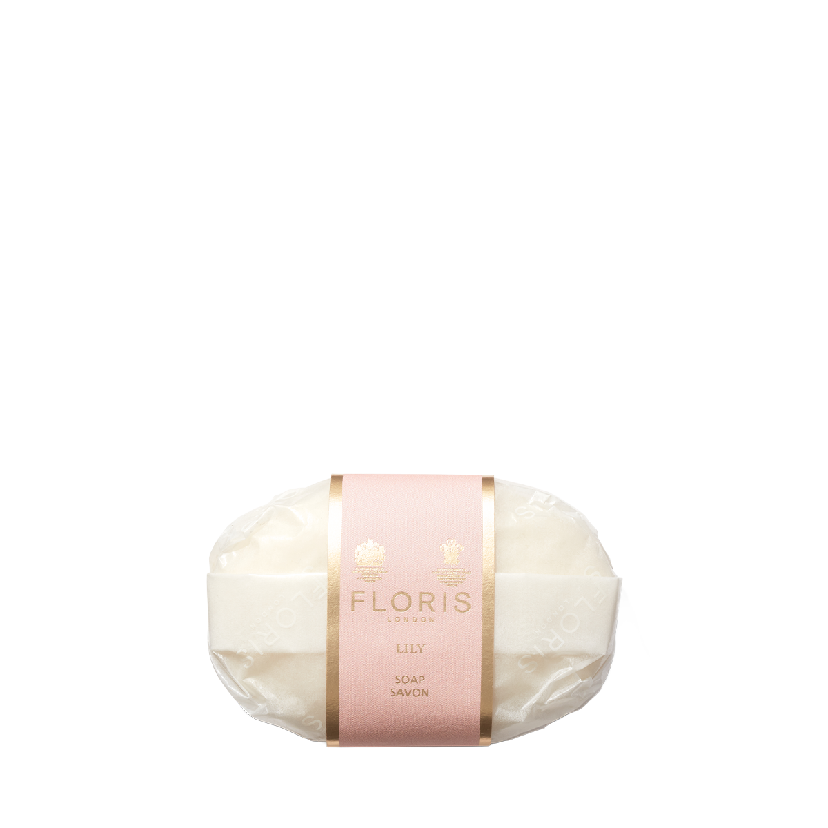 The Floris London Lily - Luxury Soap is a gentle, vegetable-based white bar wrapped in clear plastic with a pink and gold label.