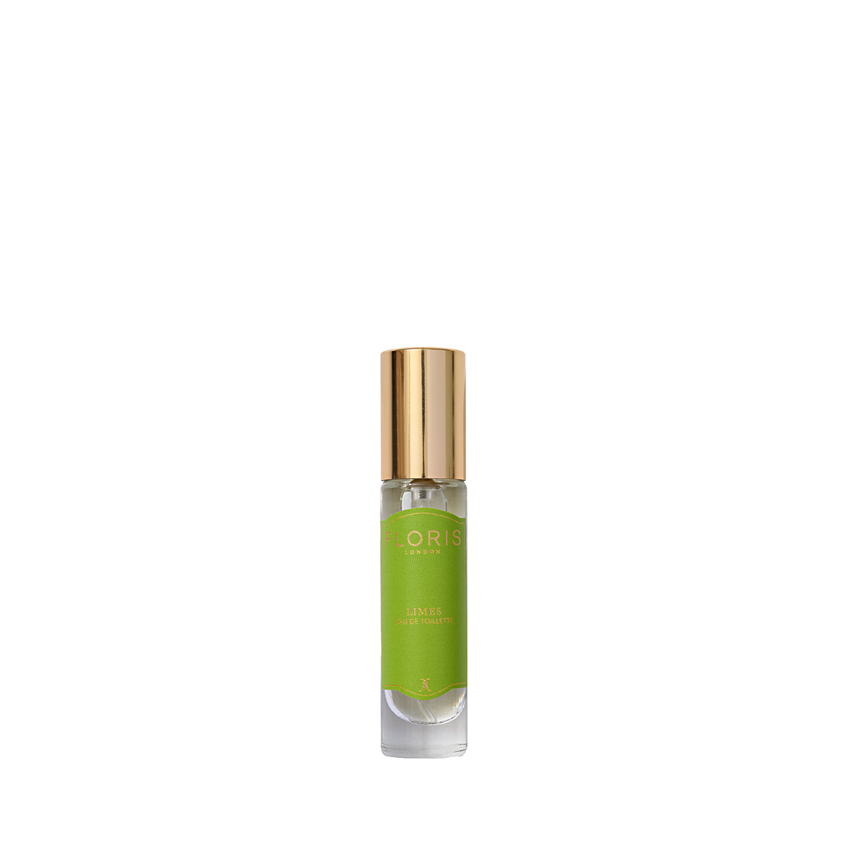 A small Limes - Eau de Toilette bottle by Floris London with a gold cap and green label, hinting of lemon zest on a white background.