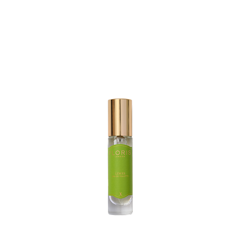 A small Limes - Eau de Toilette bottle by Floris London with a gold cap and green label, hinting of lemon zest on a white background.