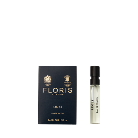 Floris London's Limes Eau de Toilette, a citrus fragrance in a 2ml spray vial, comes with a navy box featuring gold accents and branding.
