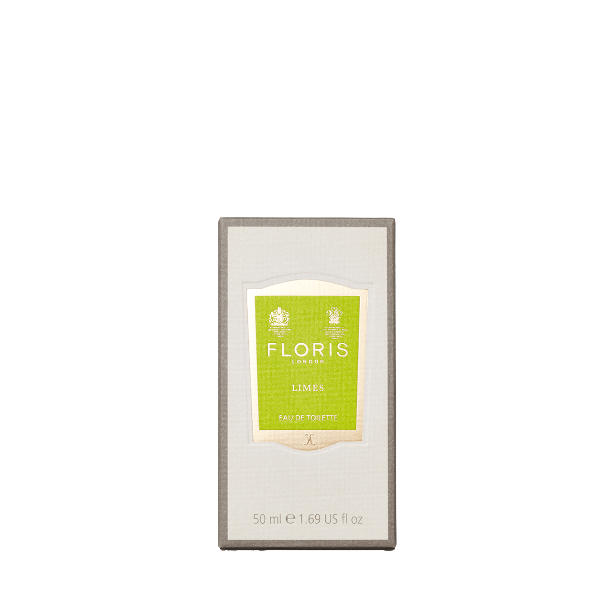 Floris London's Limes Eau de Toilette, with zesty citrus and lemon notes, is packaged in a 50 ml bottle with a yellow-green label inside a sleek gray box.