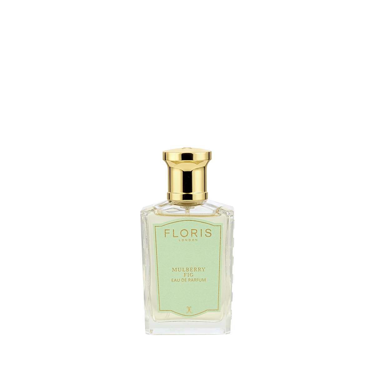 A clear glass bottle of Floris London Mulberry Fig - Eau de Parfum, a floral amber scent with a gold cap, sits on a white background.