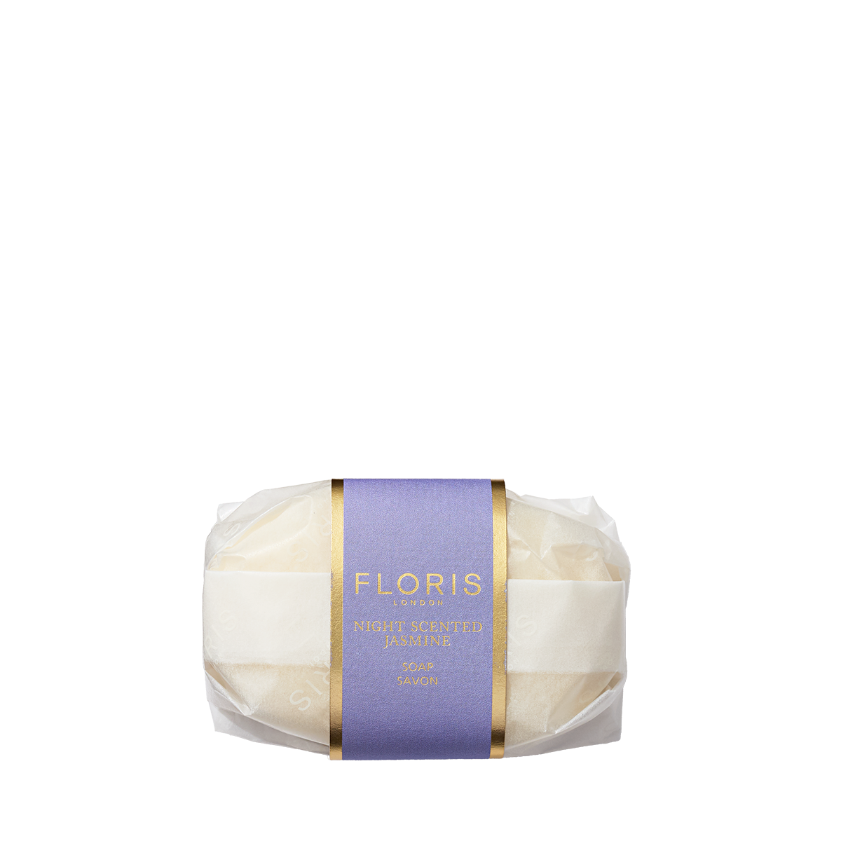Floris London Night Scented Jasmine - Luxury Soap: a wrapped bar with purple and gold label, made with gentle vegetable base and shea butter.