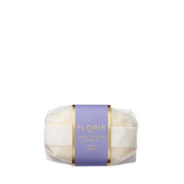 Floris London Night Scented Jasmine - Luxury Soap: a wrapped bar with purple and gold label, made with gentle vegetable base and shea butter.