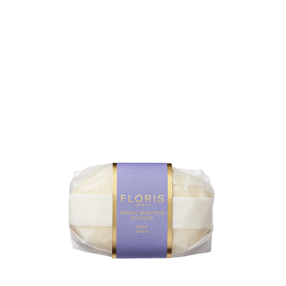 Floris London Night Scented Jasmine - Luxury Soap: a wrapped bar with purple and gold label, made with gentle vegetable base and shea butter.