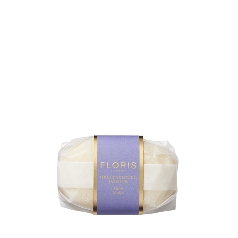 Floris London Night Scented Jasmine - Luxury Soap: a wrapped bar with purple and gold label, made with gentle vegetable base and shea butter.