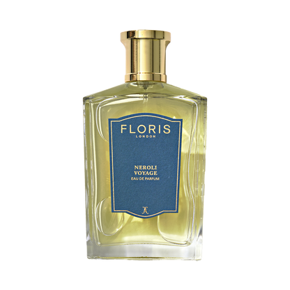 Floris London's Neroli Voyage Eau de Parfum features a blue label, gold cap, and jasmine hints.