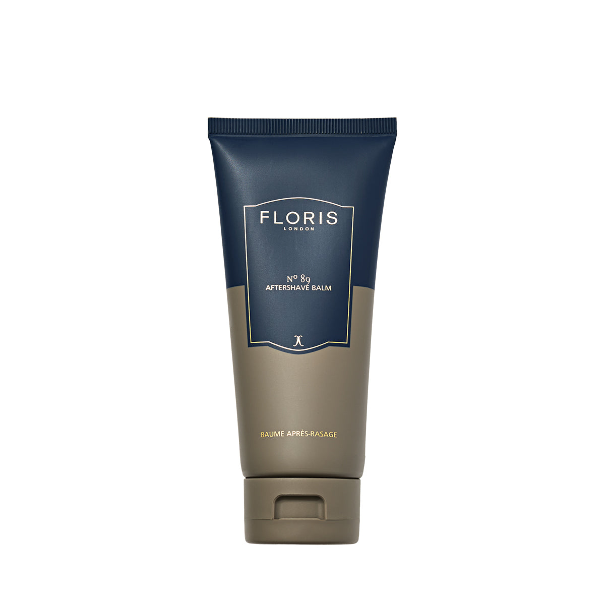 A tube of Floris London No. 89 Aftershave Balm with a blue and beige design, alcohol-free and hydrating, shown on a white background.