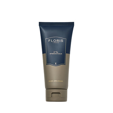 A tube of Floris London No. 89 Aftershave Balm with a blue and beige design, alcohol-free and hydrating, shown on a white background.