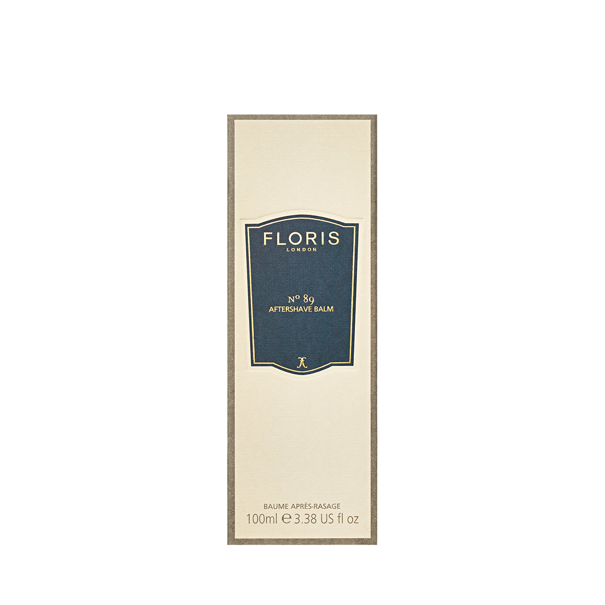 Floris London No. 89 Aftershave Balm, alcohol-free and soothing, comes in a 100ml beige box with blue label for a refreshing post-shave experience.