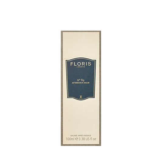 Floris London No. 89 Aftershave Balm, alcohol-free and soothing, comes in a 100ml beige box with blue label for a refreshing post-shave experience.
