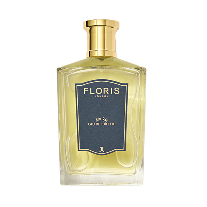 A square glass bottle of No. 89 - Eau de Toilette by Floris London, featuring a navy label and gold cap.