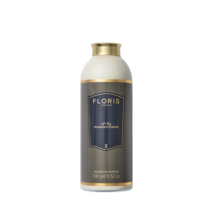 Floris London's No. 89 Fragrance Powder, 100g, boasts a luxurious gold and black label.