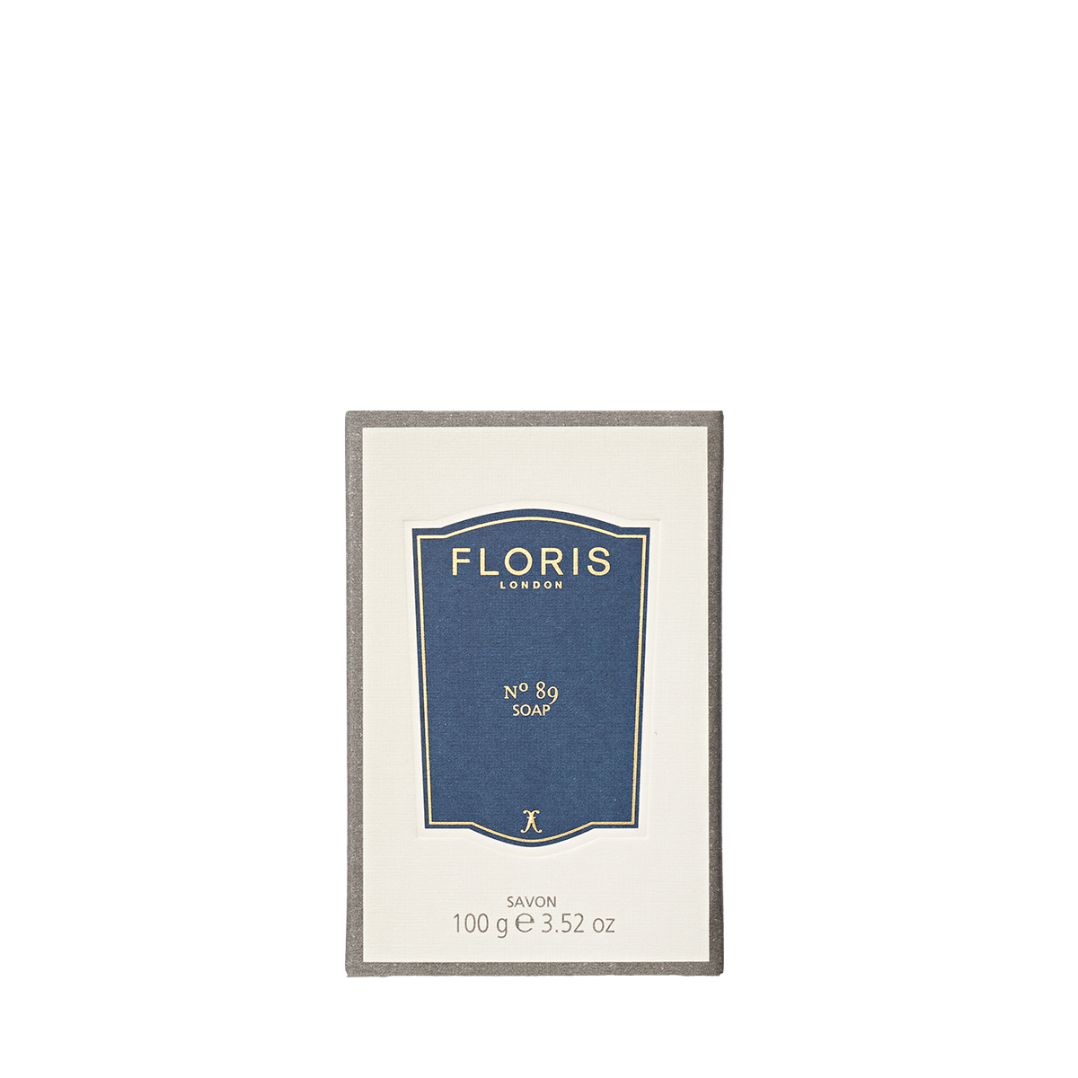 Floris London No. 89 - Luxury Soap, 100g vegetable base, in blue and cream packaging, displayed on a white background.