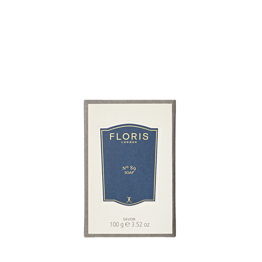 Floris London No. 89 - Luxury Soap, 100g vegetable base, in blue and cream packaging, displayed on a white background.