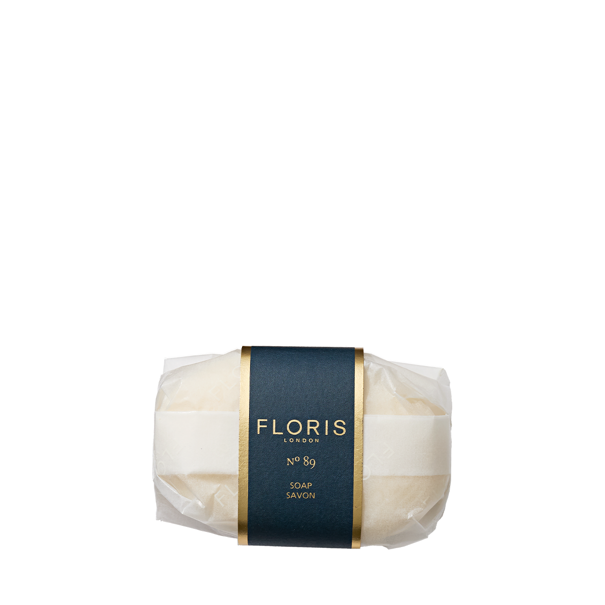 A wrapped bar of Floris London No. 89 - Luxury Soap with a dark blue and gold label is displayed on a white background.